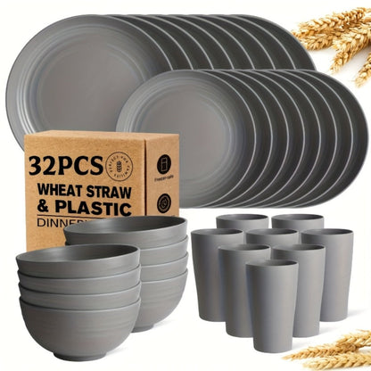 Wheat Straw Dinnerware Set 16 or 32 Piece – Plates & Bowls for 4 or 8 People, Microwave & Dishwasher Safe Plastic Dish Set