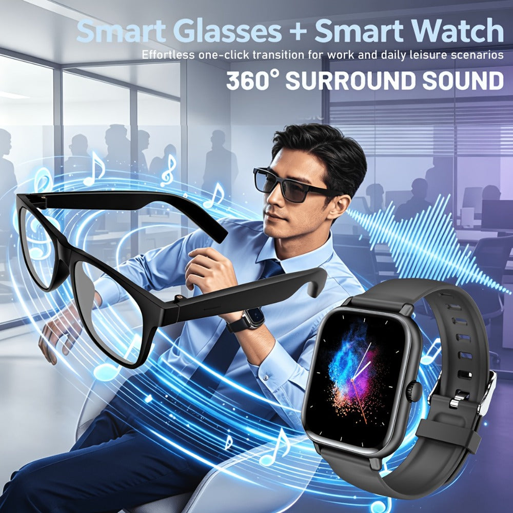 Smart Glasses and Full-Touch Smartwatch Bundle with Multi-Language Photo Translation, Calls and Music