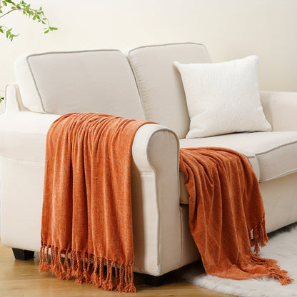 Chenille Fringe Throw Blanket, 180-200gsm Velvety Decorative Throw for Sofa & Couch, Home Decor, 50”×60”