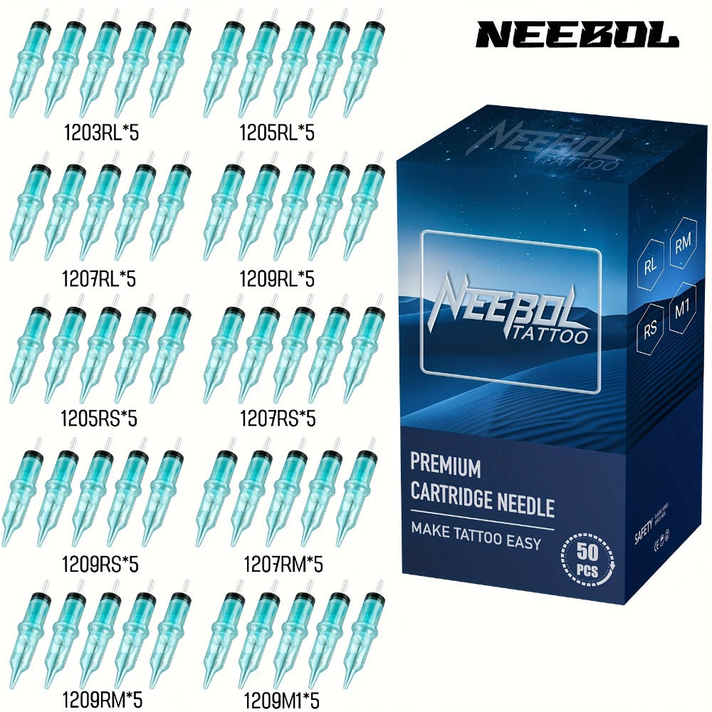 EO Sterilized Tattoo Cartridge Needles 50pcs Mixed Sizes 3RL 5RL 7RL 9RL 5RS 7RS 9RM for Temporary Body Art, Festivals and Costumes