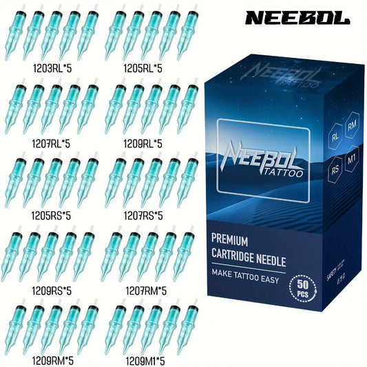 EO Sterilized Tattoo Cartridge Needles 50pcs Mixed Sizes 3RL 5RL 7RL 9RL 5RS 7RS 9RM for Temporary Body Art, Festivals and Costumes