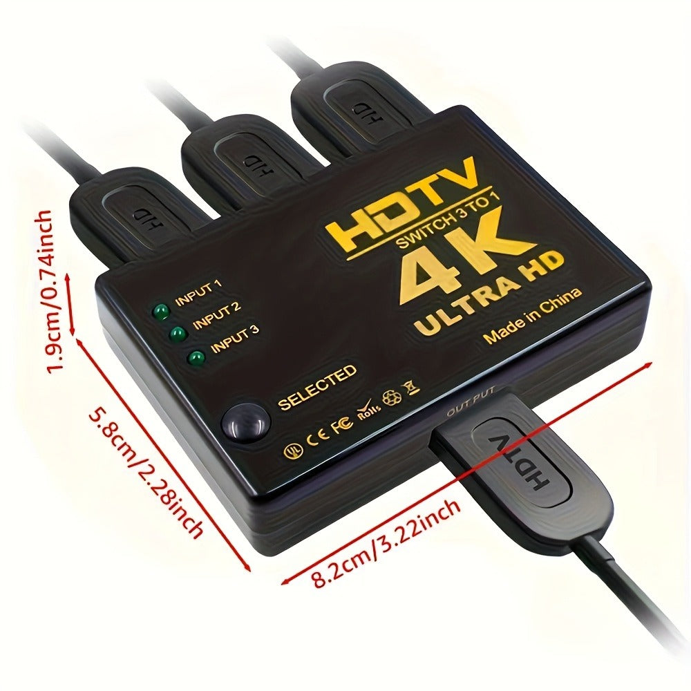 HDMI Switch 3 In 1 Out, 4K 1080P HD Video Switcher Splitter Hub, Adapter Converter for TV Box, Smart TV