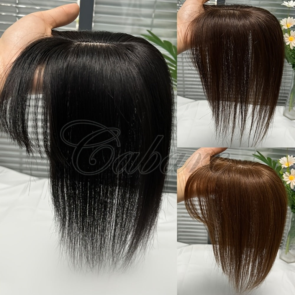Hair Topper with Bangs Human Hair 5x9 Base Straight Clip In Crown Coverage Volume Booster, for Home, Travel and Salon Hair Styling