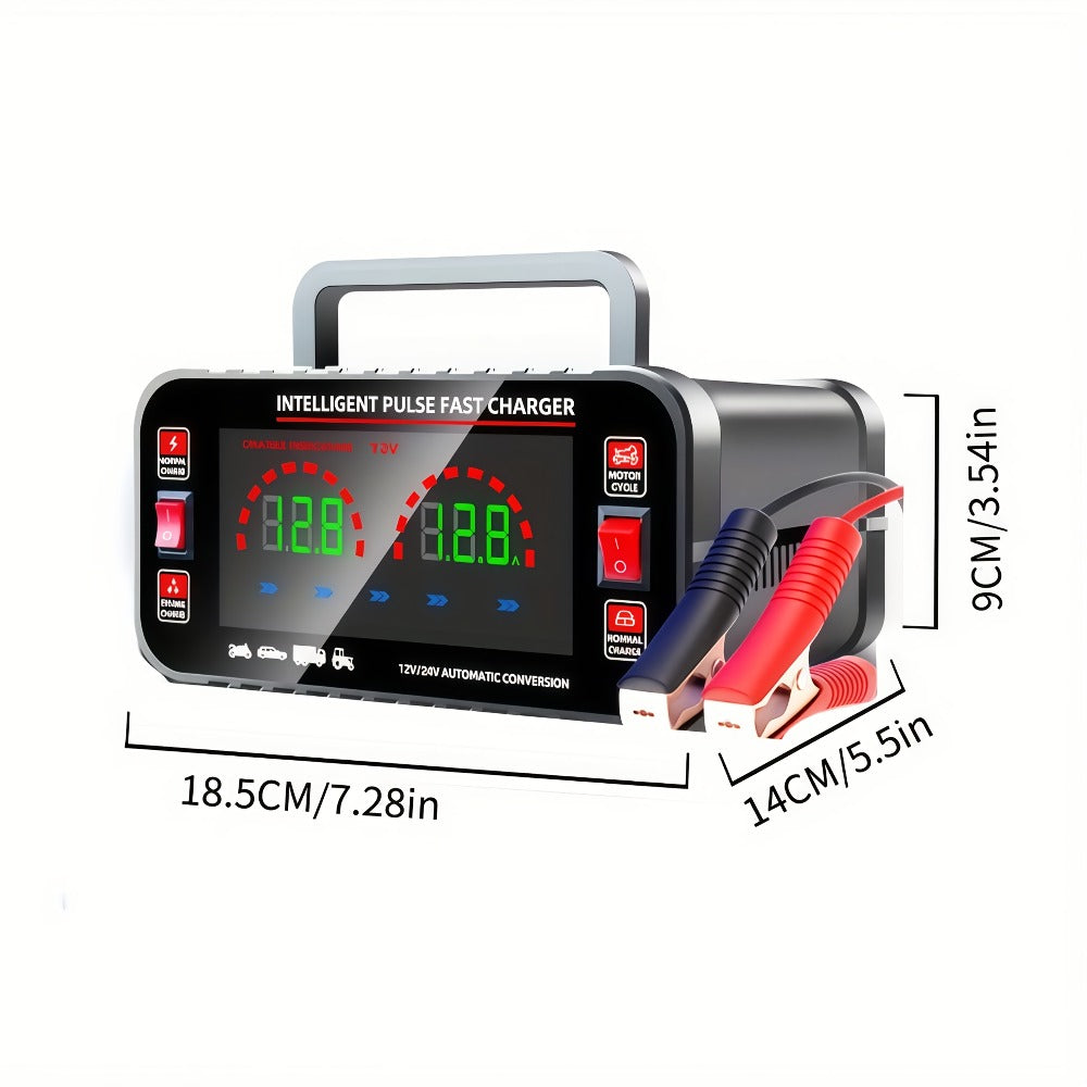 Car Battery Charger 12V/24V with LCD Display – Fast Charging Portable Maintainer for Cars, Trucks, RVs & Motorcycles, Overcharge Protection