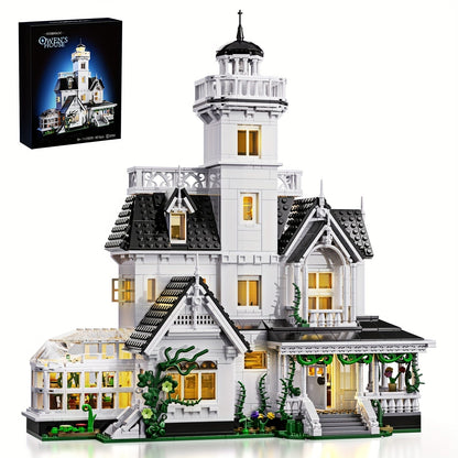 Building Block Set Owen's House with 1877 Pieces, Three-Level Tower, Porch, Conservatory and Lighting