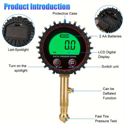 Digital Tire Pressure Gauge LCD 3-255 PSI – 4-Unit Display (PSI/Bar/KPa/kg㎡), Green Backlight, 360° Chuck, Auto Shut-Off for Cars, Trucks