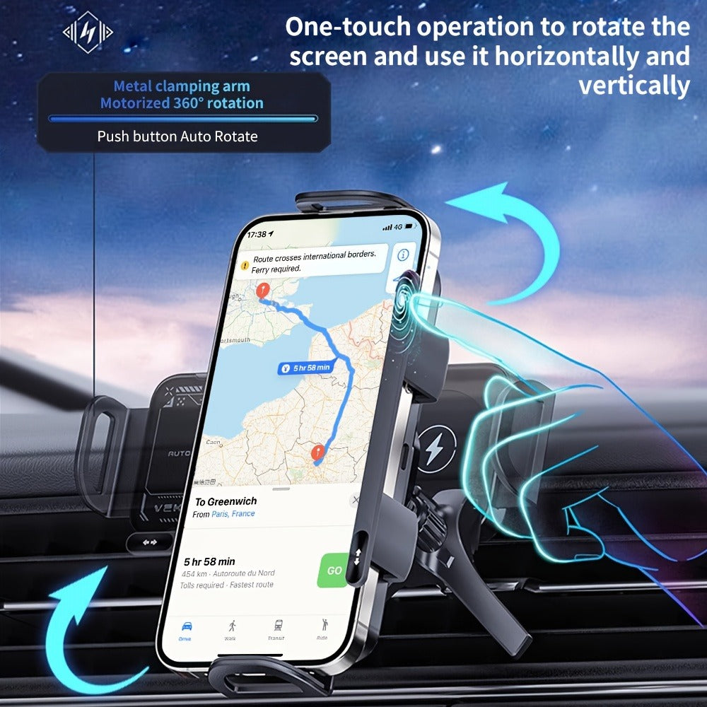 Dual-Coil Wireless Charging Car Mount with 15W Label, Fold-Screen Support and Three Configurations