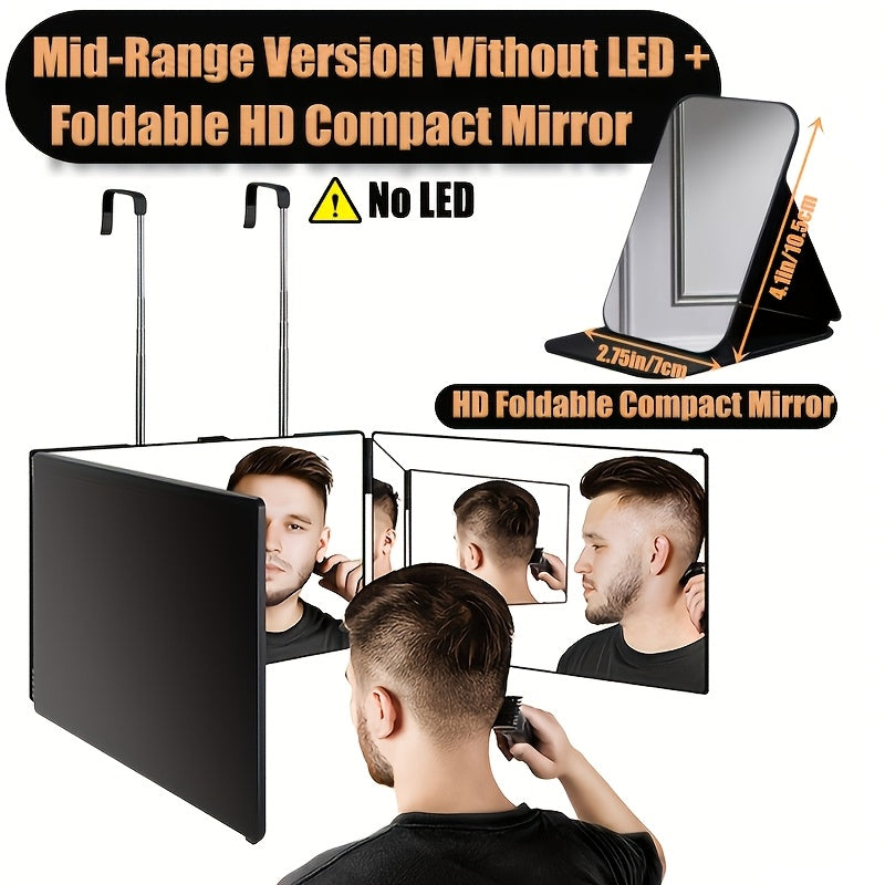 Barber Mirror, 3 Way Mirror for Self Hair Cutting with LED Lights, 360° View Anti-Fog HD Glass USB Rechargeable Folding Barber Mirror