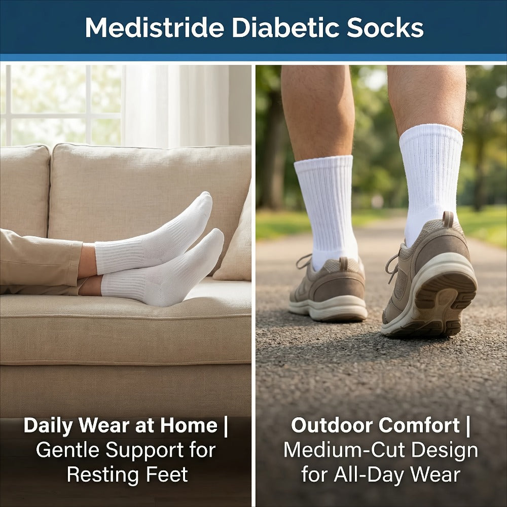 12-Pair Crew-Length Diabetic Sock Set for Adults in White, Black or Grey with 9-11 and 10-13 Sizes