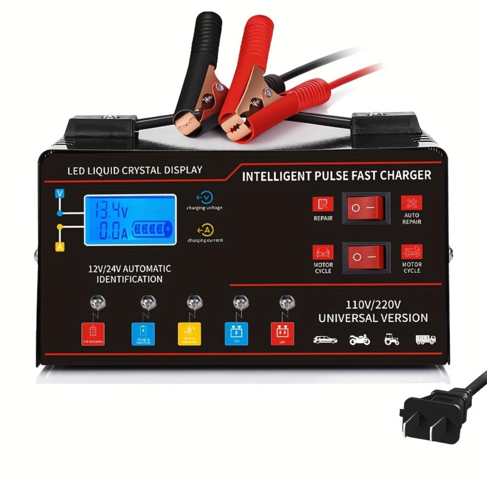 AF01 12 V and 24 V Battery Charger with LCD Display, Alligator Clamps, Carry Handle and Cooling Fan