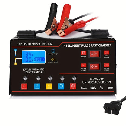 AF01 12 V and 24 V Battery Charger with LCD Display, Alligator Clamps, Carry Handle and Cooling Fan