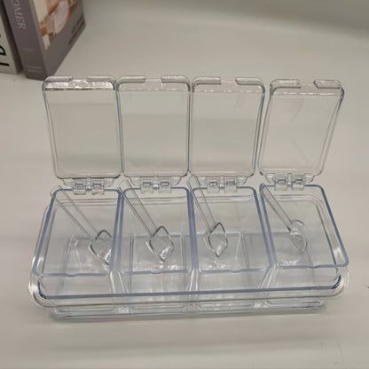 Four-Grid Clear Spice Box Set with Individual Flip-Top Lids, Shared Base, Four Compartments and 26cm Length