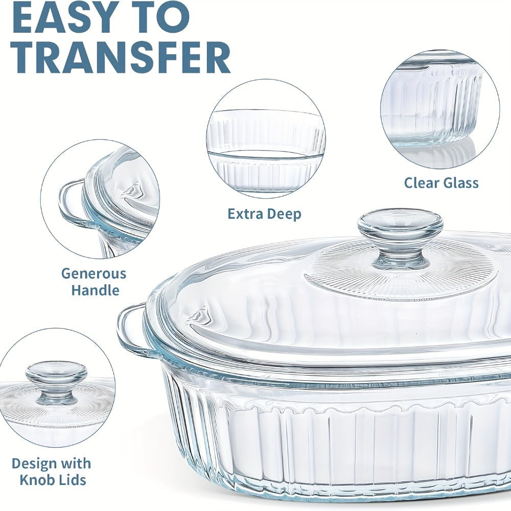 Glass Casserole Dish with Lid, Oval Ribbed Roasting Pan, Oven & Covered Baking Dish for Entryways, Bedrooms and Living Spaces