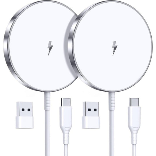 Two-Piece Silver-Tone Magnetic Wireless Charging Pad Set with Round Faces and Pictured USB Cables