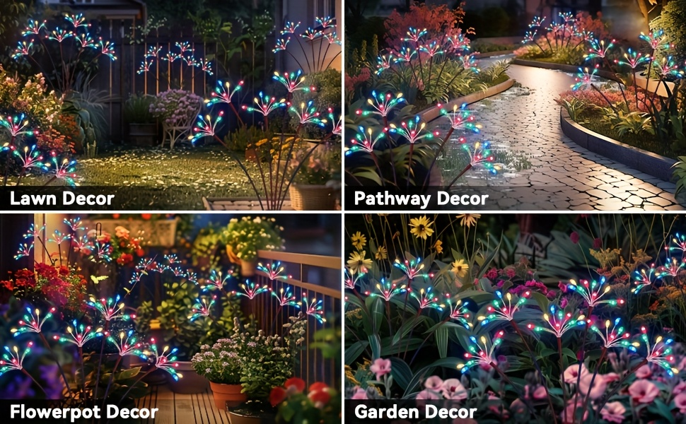 Solar Garden Lights 4-Pack Swaying Firework Stakes with Two Modes and Six Colors for Flowerbed Decor