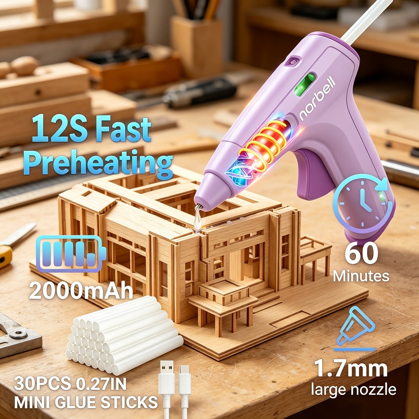 Cordless Hot Glue Gun Fast Heating USB Rechargeable 2000mAh, 12-Second Heat-Up, Anti-Drip Nozzle