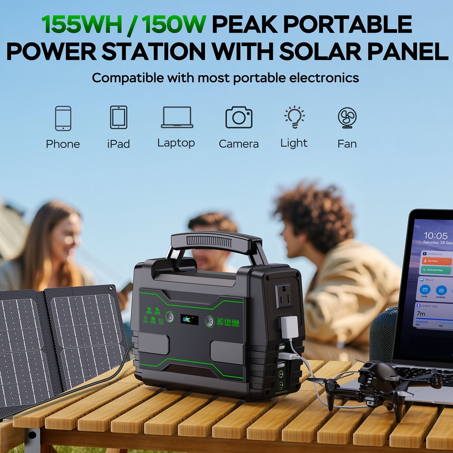 Portable Power Station 155Wh or 222Wh Configurations with AC Outlet, USB Ports, LED Light and Solar Option