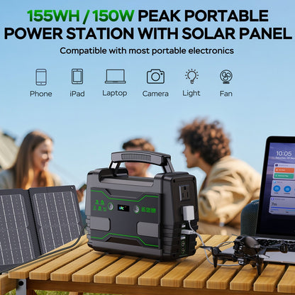 Portable Power Station 155Wh or 222Wh Configurations with AC Outlet, USB Ports, LED Light and Solar Option