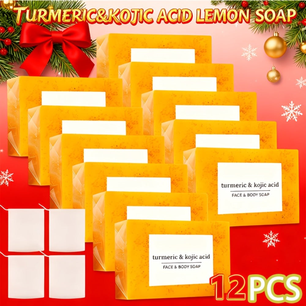 Kojic Acid Turmeric Soap Bar Set 12 Pack 100g with 4 Bubble Nets – Ginger Lemon Handmade Moisturizing Brightening Body Soap for Dark Spots