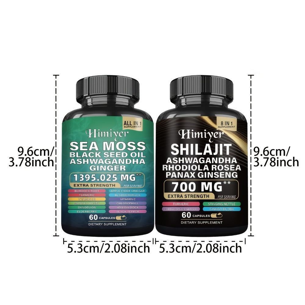 Dietary Supplement Six-Bottle Bundle with Himiyer Label, Sea Moss and Shilajit 60-Capsule Formulas
