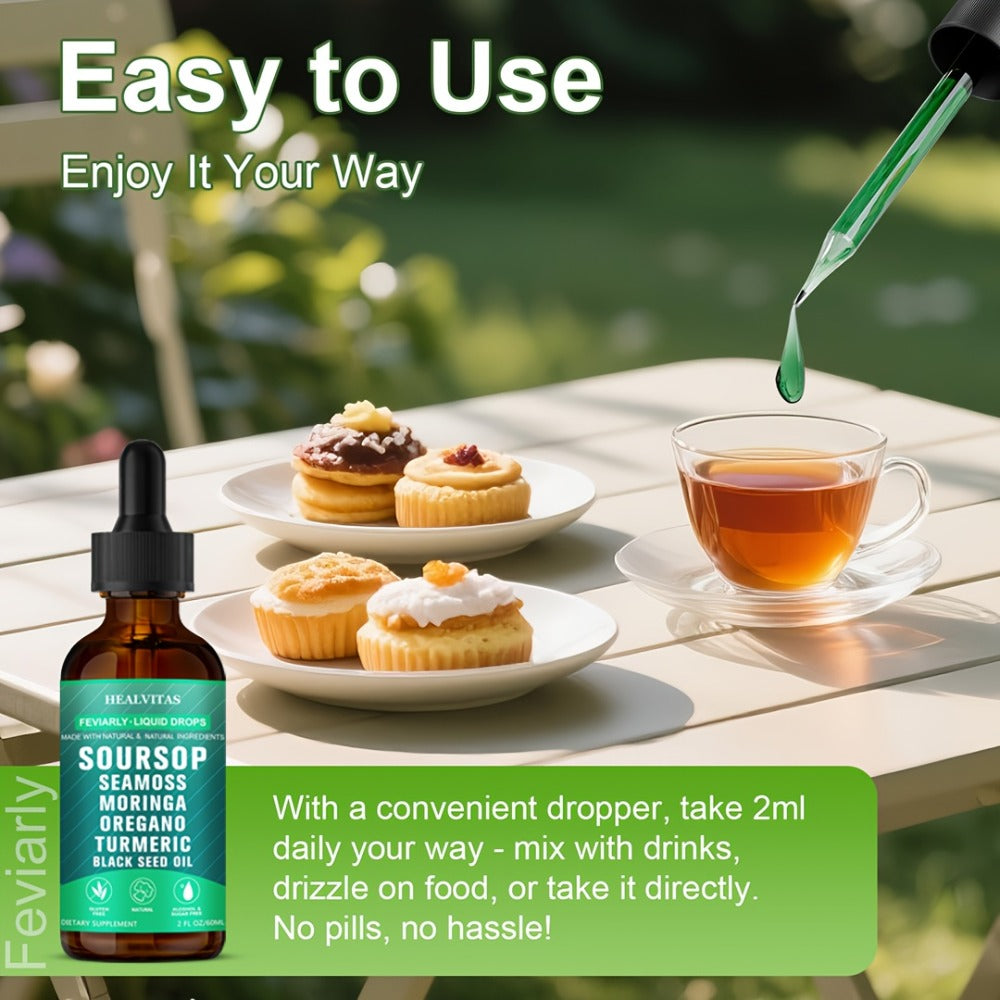 Soursop Bitters Liquid Drops 10-in-1 with Sea Moss Moringa Turmeric Black Seed Oil Oregano for Bath Time, Home Spa and Personal Care