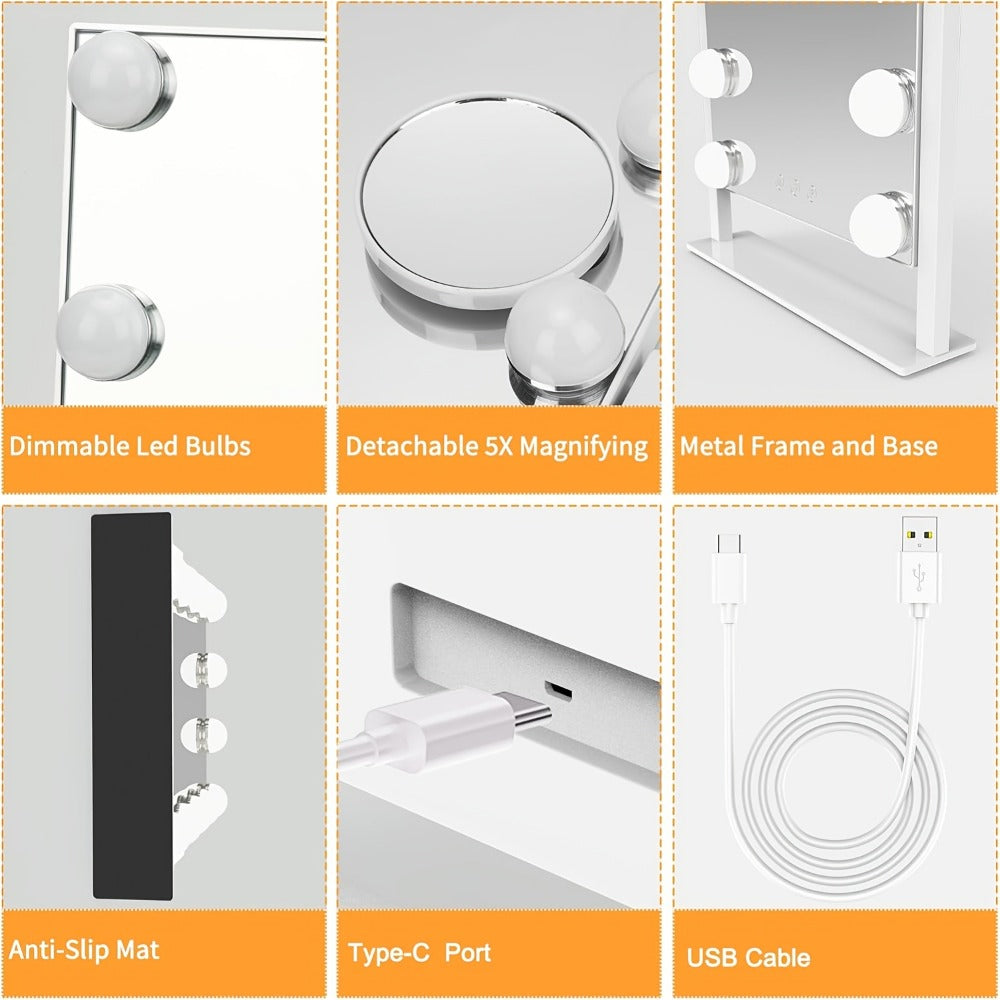 Makeup Mirror with Nine Bulb-Style LEDs, Three Light Colors, Touch Memory, 360° Rotation and Optional 5X Mirror