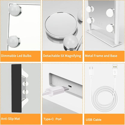 Makeup Mirror with Nine Bulb-Style LEDs, Three Light Colors, Touch Memory, 360° Rotation and Optional 5X Mirror