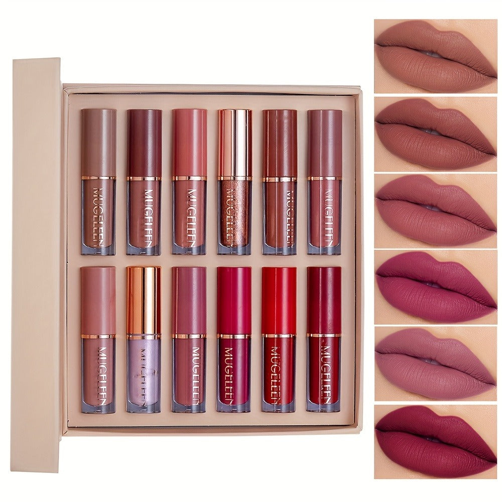 Lip Gloss Set by MUGE LEEN with 12 Mixed Nude, Pink and Red Lip Colors in a Presentation Box