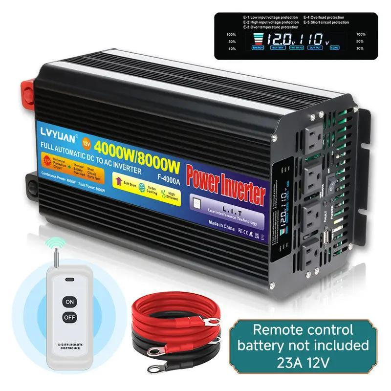 Pure Sine Wave Power Inverter 4000W 8000W Peak DC 12V to AC 110V with LCD Display Remote Control 4 AC for Garden, Patio and Yard Use