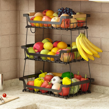 Two- or Three-Tier Black Wire Fruit Basket with Wood-Look Handle and Two Banana Hanger Hooks