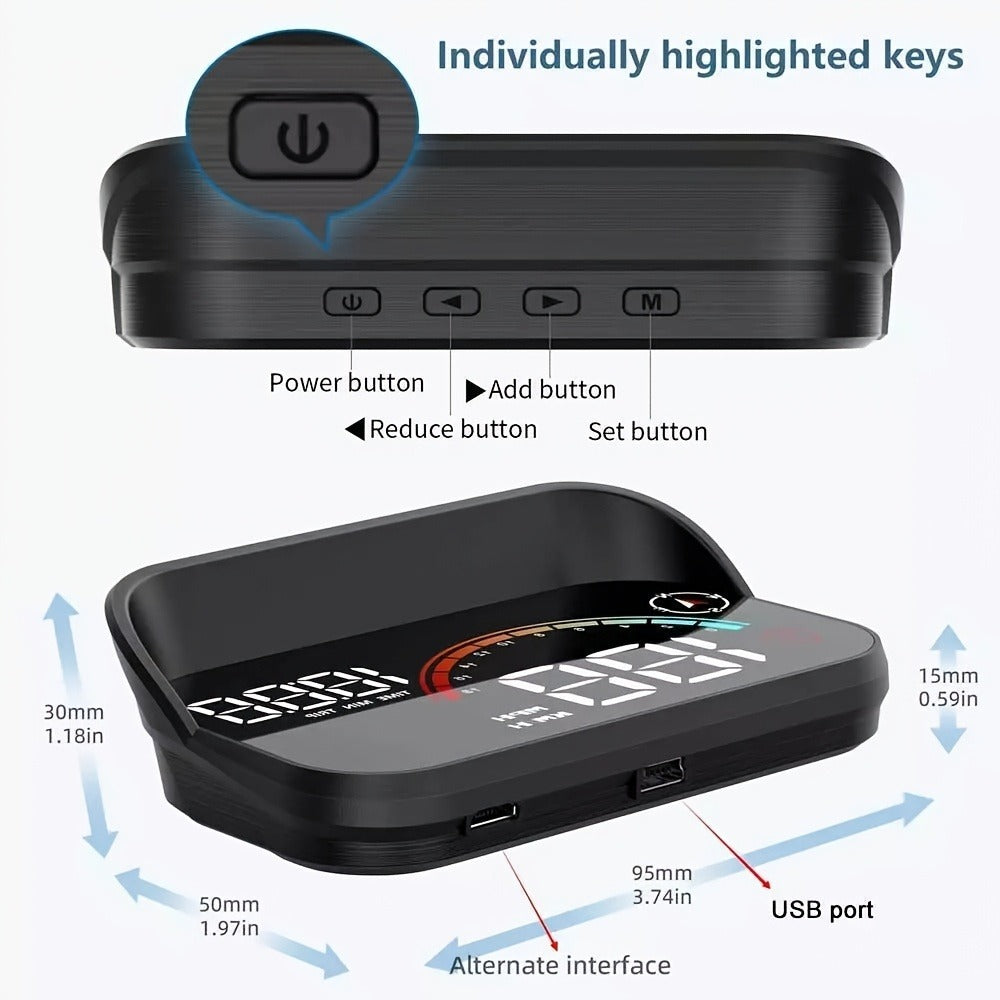 Car HUD Head Up Display – Windshield Speedometer Projector with GPS Compass, Overspeed Alarm, Auto Brightness