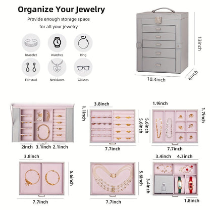 Jewelry Organizer 6-Tier Brown Storage Box with 5 Drawers, Built-In Mirror and Key-Lock Closure