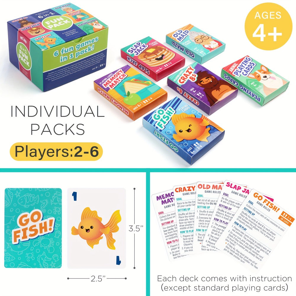 Kids Card Games 6 in 1 Set with 6 Decks Go Fish Old Maid Crazy Eights Memory with the Listed Color, Size or Set Options for Everyday Use