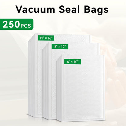 Vacuum Sealer Bags 250pcs - Food Storage Bags in 3 Sizes (6"x10", 8"x12", 11"x16") for Entryways, Bedrooms and Living Spaces