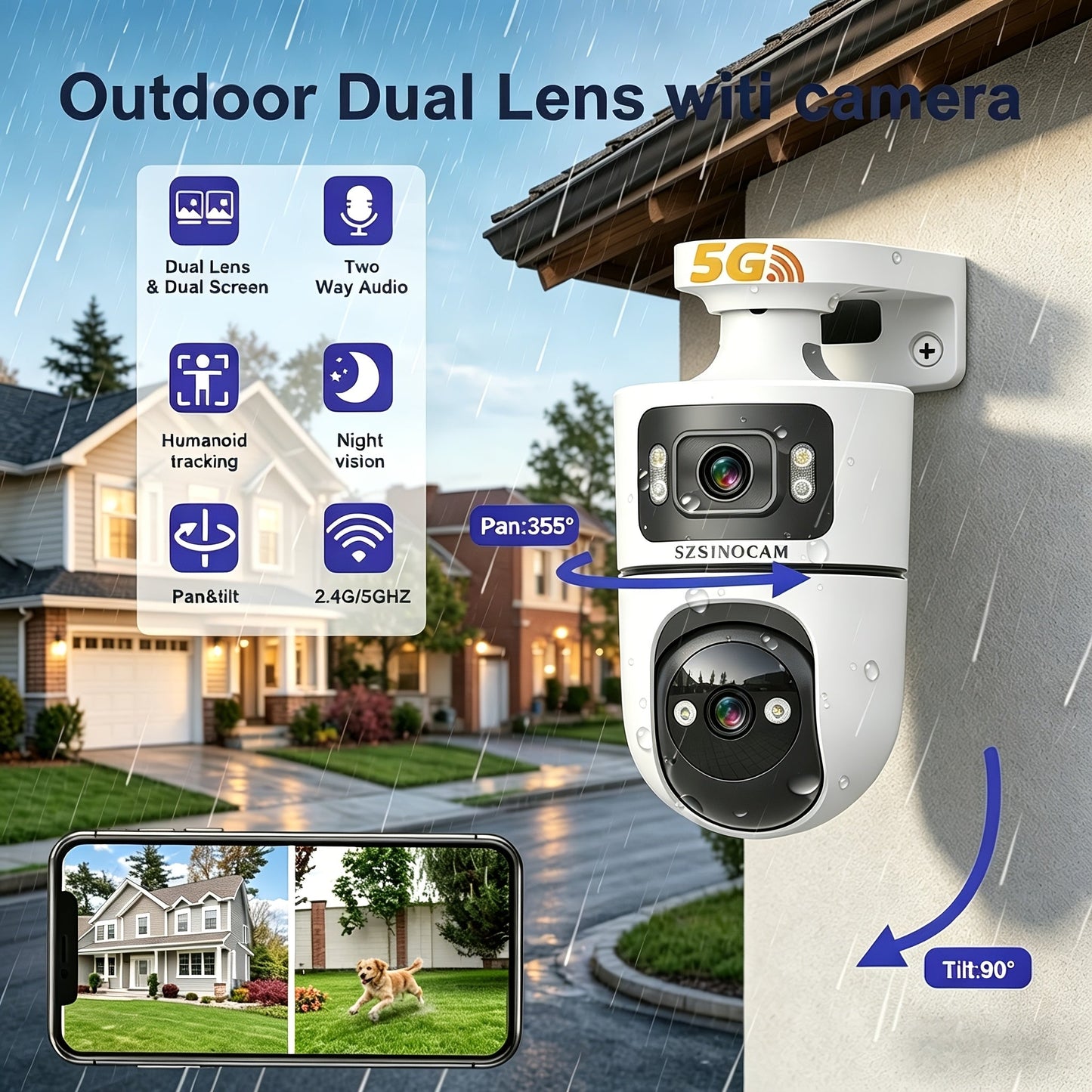 Security Camera 4K Dual-Lens Model with 2160P Video, Dual-Band WiFi, Color Night Vision and Tamper Detection