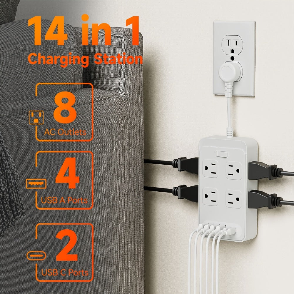 One-Touch Switch Desk Charging Station 14-in-1, 8 Widely Distributed AC Outlets & 6 USB Ports (4 USB-A + 2 USB-C)