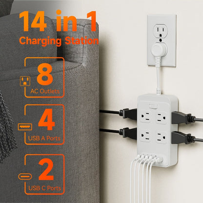 One-Touch Switch Desk Charging Station 14-in-1, 8 Widely Distributed AC Outlets & 6 USB Ports (4 USB-A + 2 USB-C)