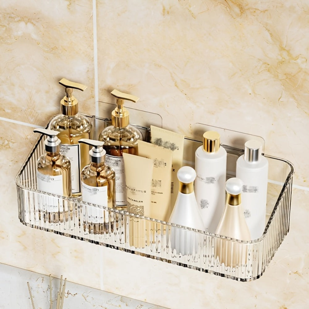 Wall-Mounted Plastic Bathroom Storage Shelf with Adhesive Plates, 24.5cm Rack in Gray, Amber or Green