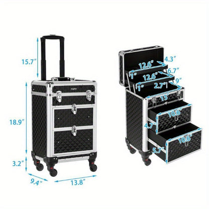 Black Rolling Makeup Train Case with Four Wheels, Telescoping Handle, Three Top Trays and Two Drawers