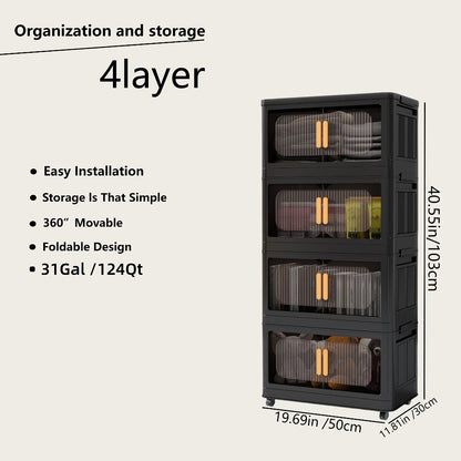 Storage Cart 4 or 5-Tier Enclosed Plastic Organizer with Double Doors, Folding Panels and Lockable Wheels