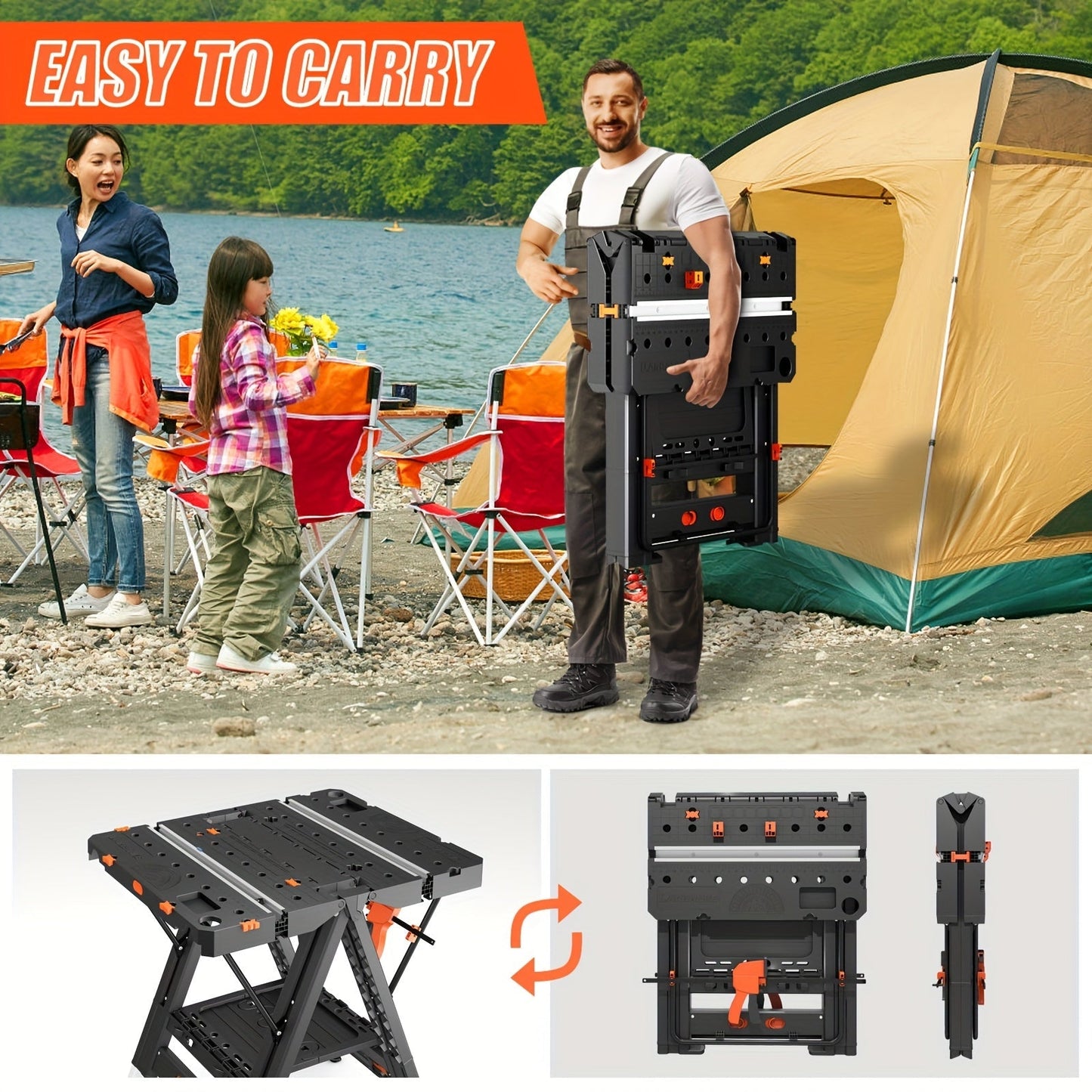 Black Folding 31 x 25-Inch Workbench and Sawhorse with Clamps, Connecting Blocks and Carry Handle