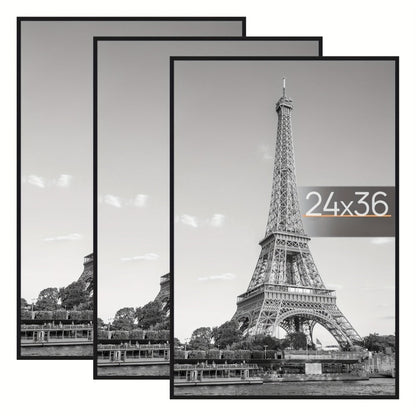 Poster Frame 24x36 Black 3 Pack, Slide-In Picture Frames for Horizontal or Vertical Wall Mounting, Scratch-Proof Lightweight Gallery Wall