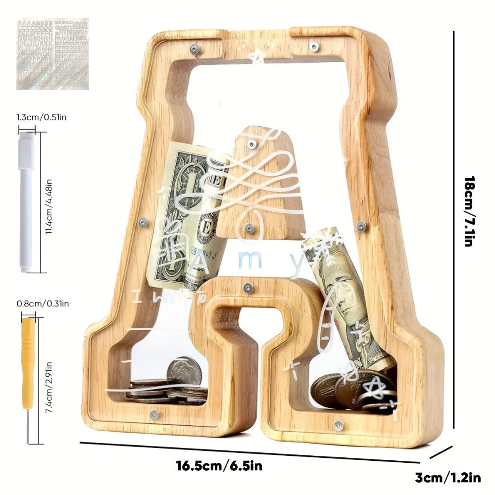 Alphabet Wooden Money Bank for Adults A to Z Letter Piggy Bank – Personalized Coin Bank Home Decor Craft Art Decoration