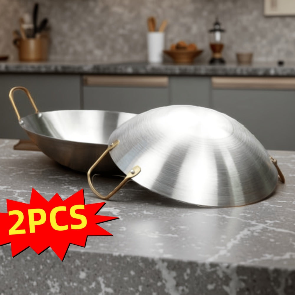 Stainless Steel Wok Set 2pcs 10in + 11in, Non-Stick Frying Pan with Stainless Steel Handle, Cookware for Home Kitchen & Outdoor Cooking