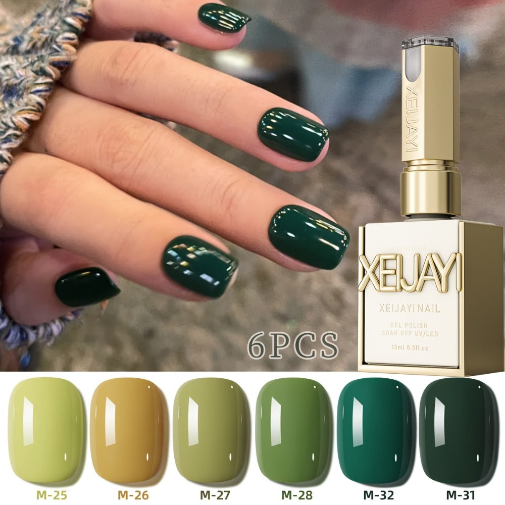 Gel Nail Polish Set with XEIJAYI Label, 6 Nude Pink Green and Glitter Colors, Shades 25 to 32