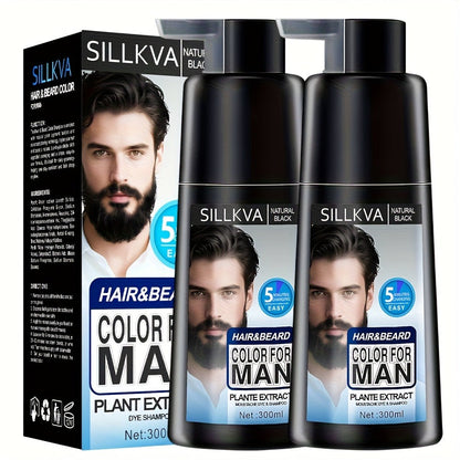 Men's 3-in-1 Black Hair & Beard Dye Shampoo, 8-Minute Gray Coverage, Ammonia-Free Natural Color