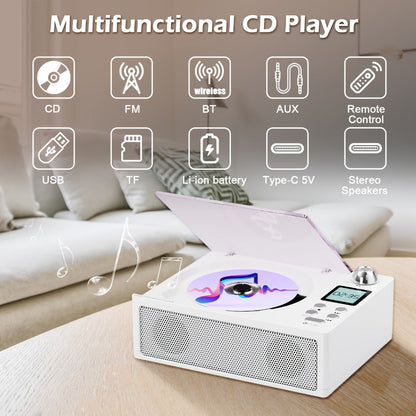 CD Player with Bluetooth Receiver FM Radio Dual Stereo Speakers, USB Player AUX Input Type-C Charging LED Display Remote Control