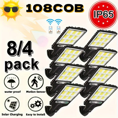 Solar Motion Sensor Security Wall Light 108COB LED, Outdoor Solar Powered Street Light with Remote Control & 3 Modes