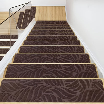 Stair Treads 15 Pack, Self-Adhesive Indoor Stair Mats for Wooden Steps, Polyester Carpet Runners