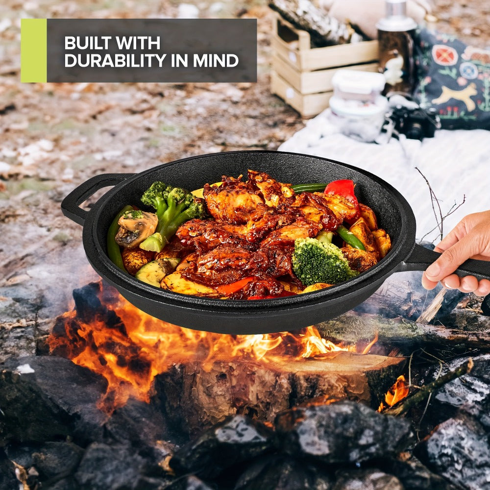 2-in-1 Cast Iron Dutch Oven with 26cm Deep Pot and Long-Handle Skillet Lid for Stovetop, Oven or Campfire